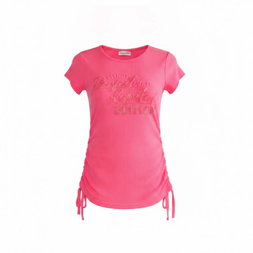 Cute 4 U Girls Ribbed Ruched Side T-Shirt with Rhinestone Detail